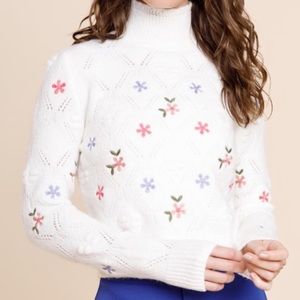 White Knit Flower Printed Turtleneck Cropped Sweater